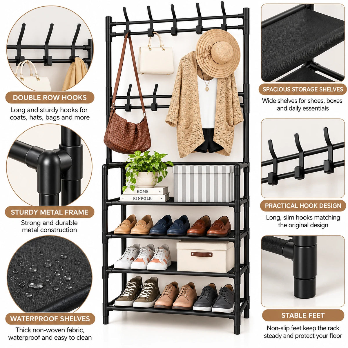 Coat Rack With Shoe Storage Organiser Unit 4 Tier Plastic 8 Hooks Space Saving