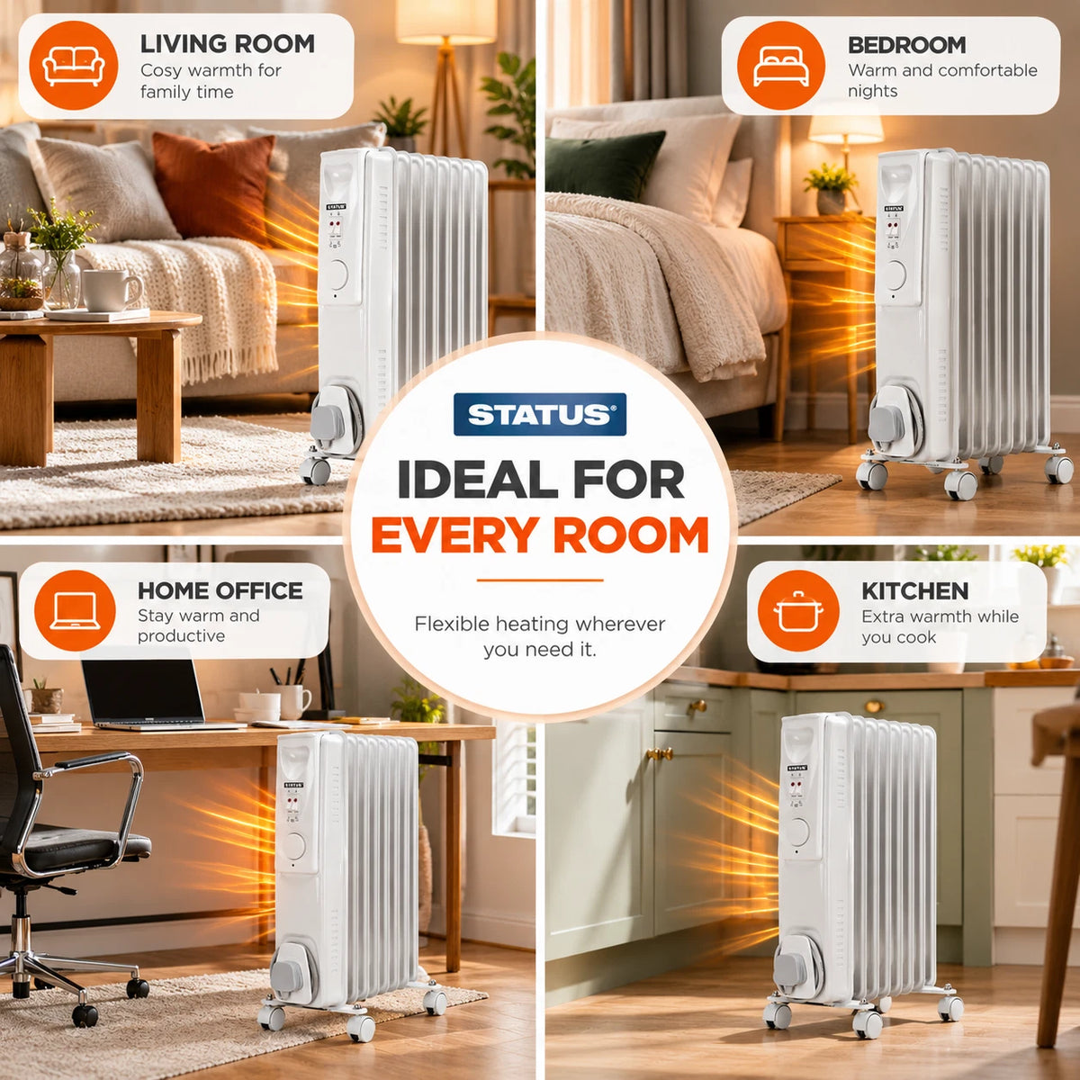 7 Fin Portable Oil Filled Radiator Electric Heater Thermostat 1500W Home Office