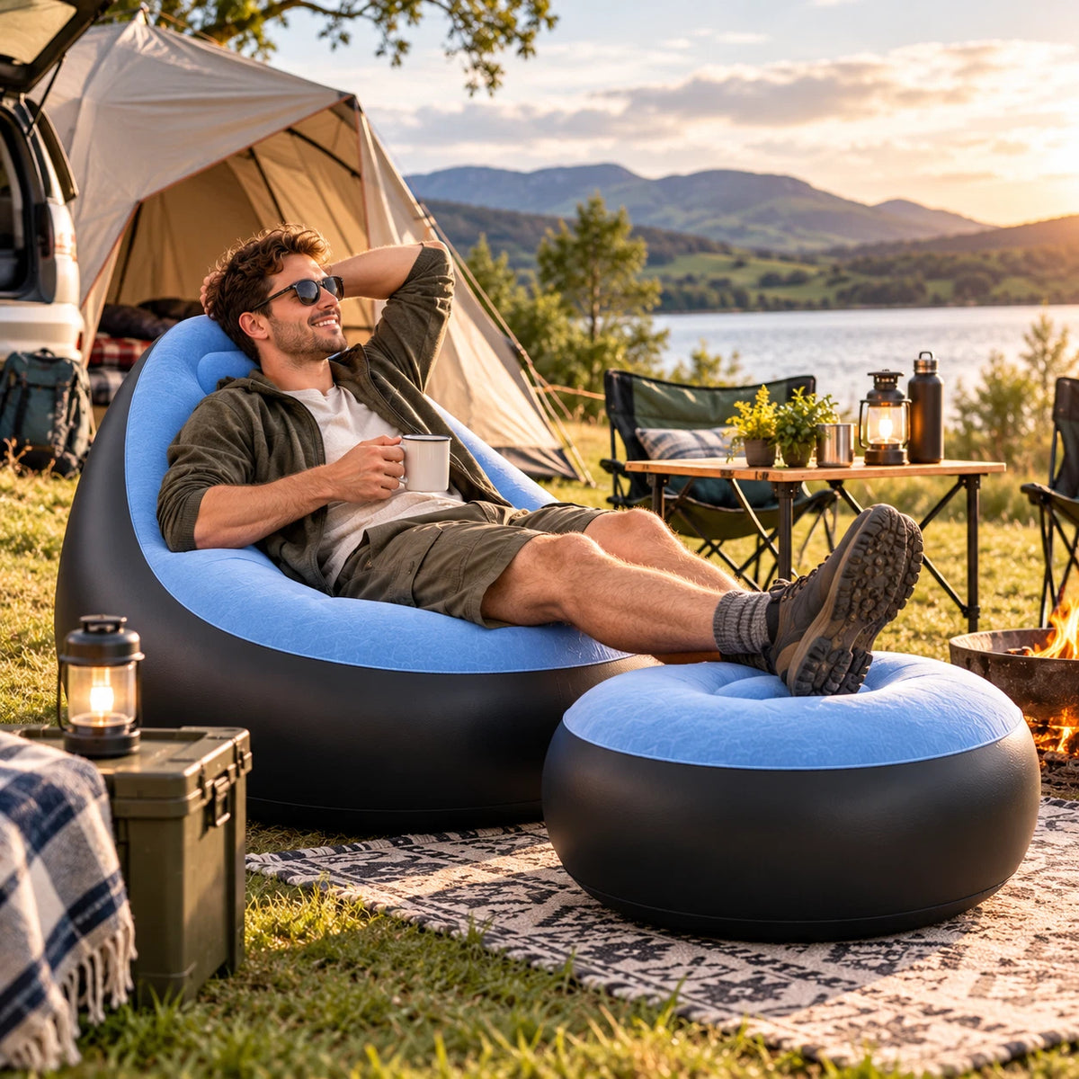 Inflatable Lounger Chair Sofa With Foot Stool Air Blow Up Couch Indoor Outdoor