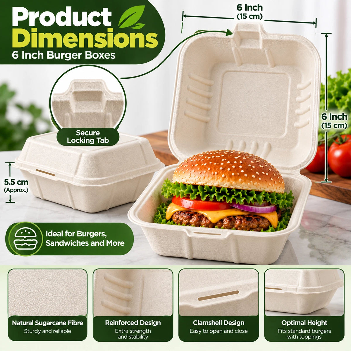 Bagasse Burger Box Food Containers Clamshell Takeaway Boxes 100% Compostable