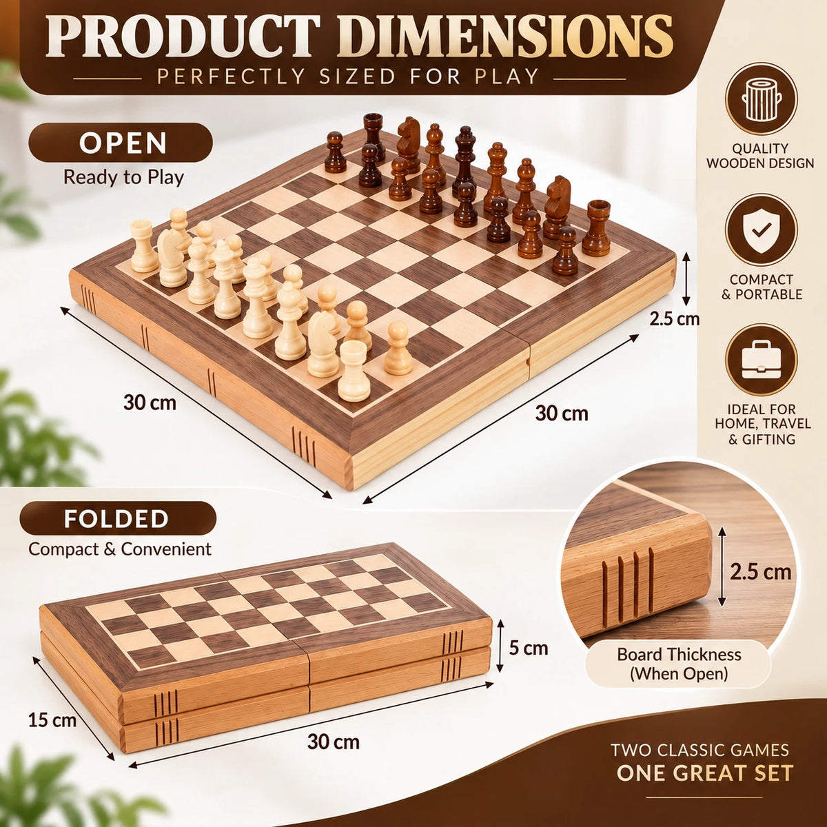 2 in 1 Folding Wooden Chess And Draughts Board Games Set Travel Portable Gift