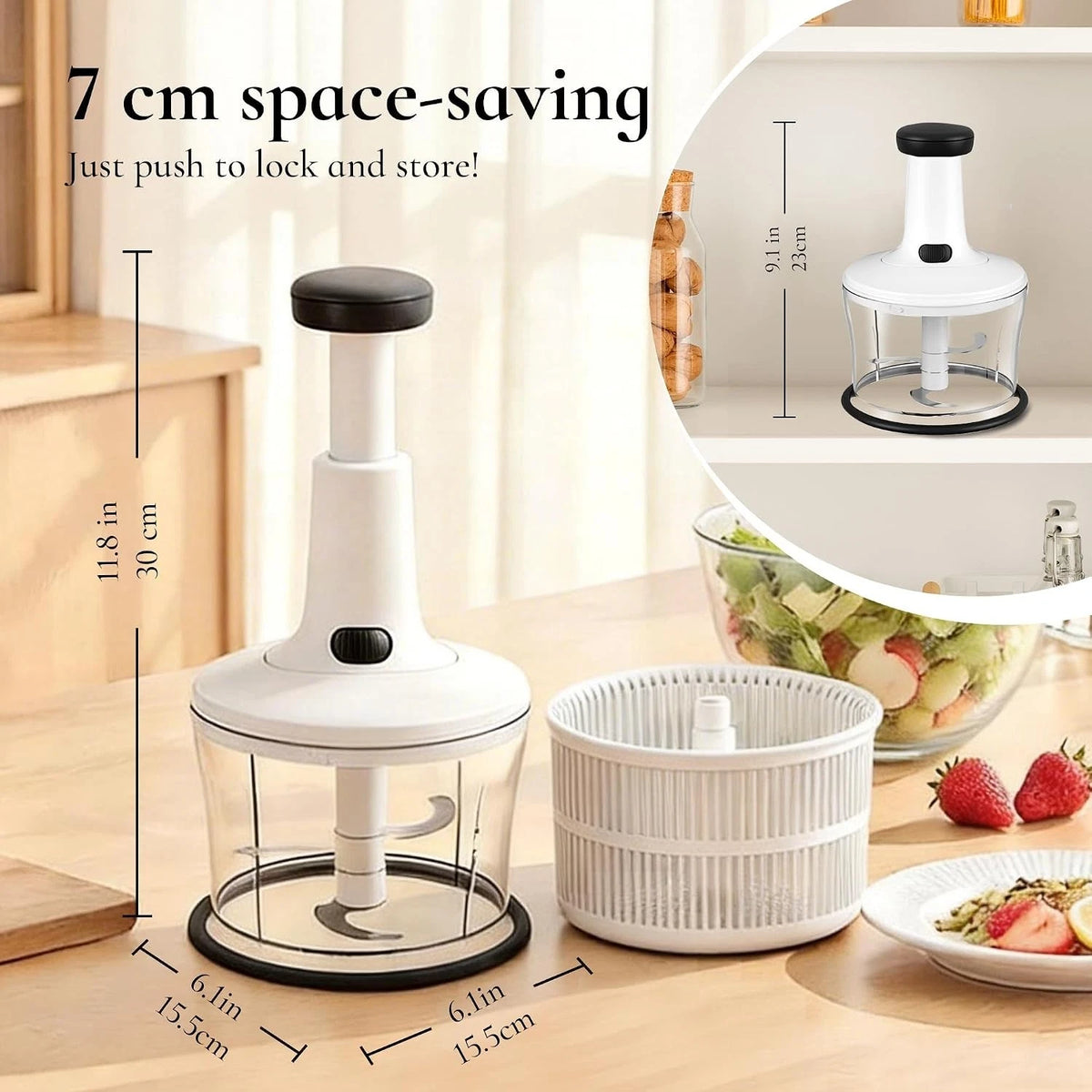 Manual Hand Press Food Chopper with Egg Whisker & Vegetable Salad Spinner 1200ml
