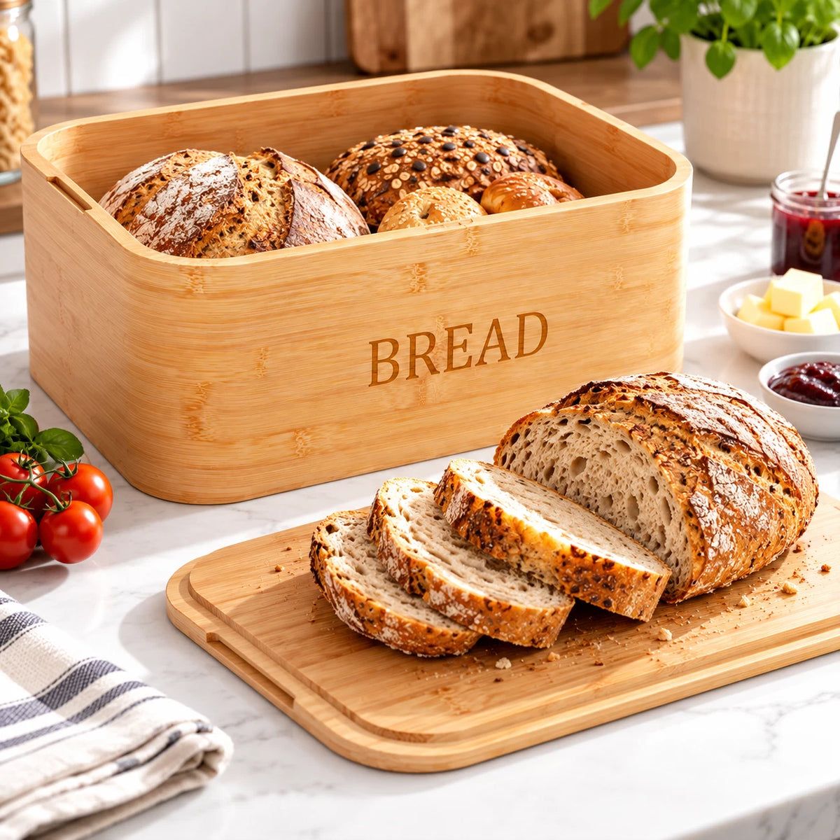 Bamboo Bread Bin with Chopping Board Lid Bread Box Kitchen Food Storage Counter