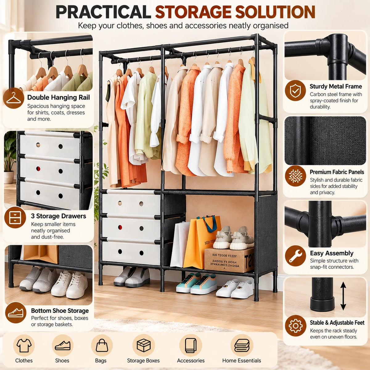 Portable Wardrobe Clothes Storage Closet Organiser With Drawers Hanging Rail