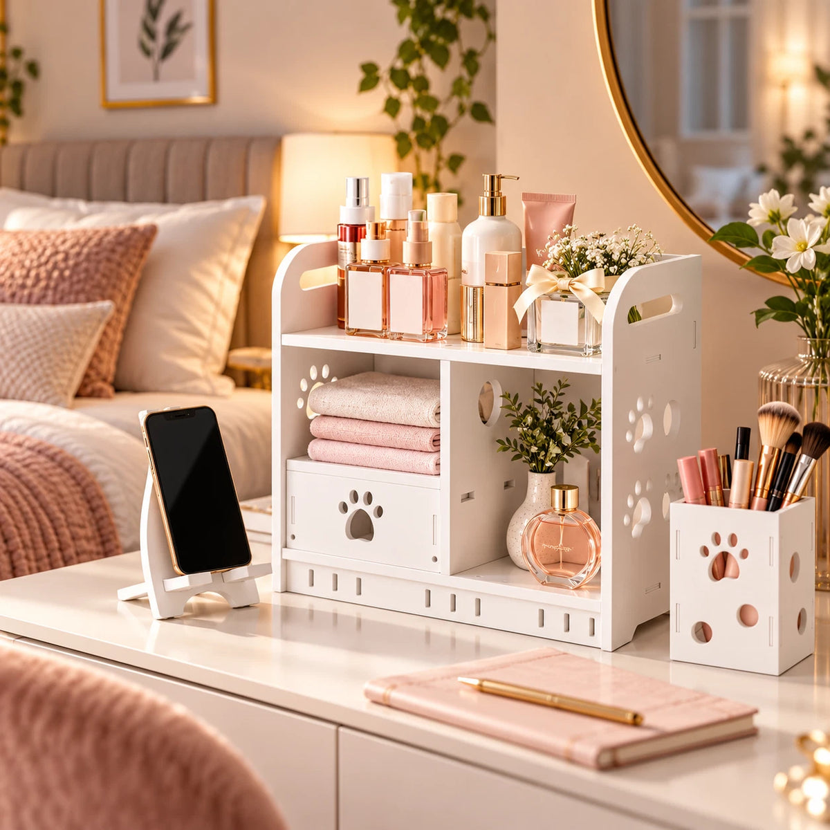 Makeup Organiser & Desk Storage Cabinet with Drawer Phone Stand & Brush Holder
