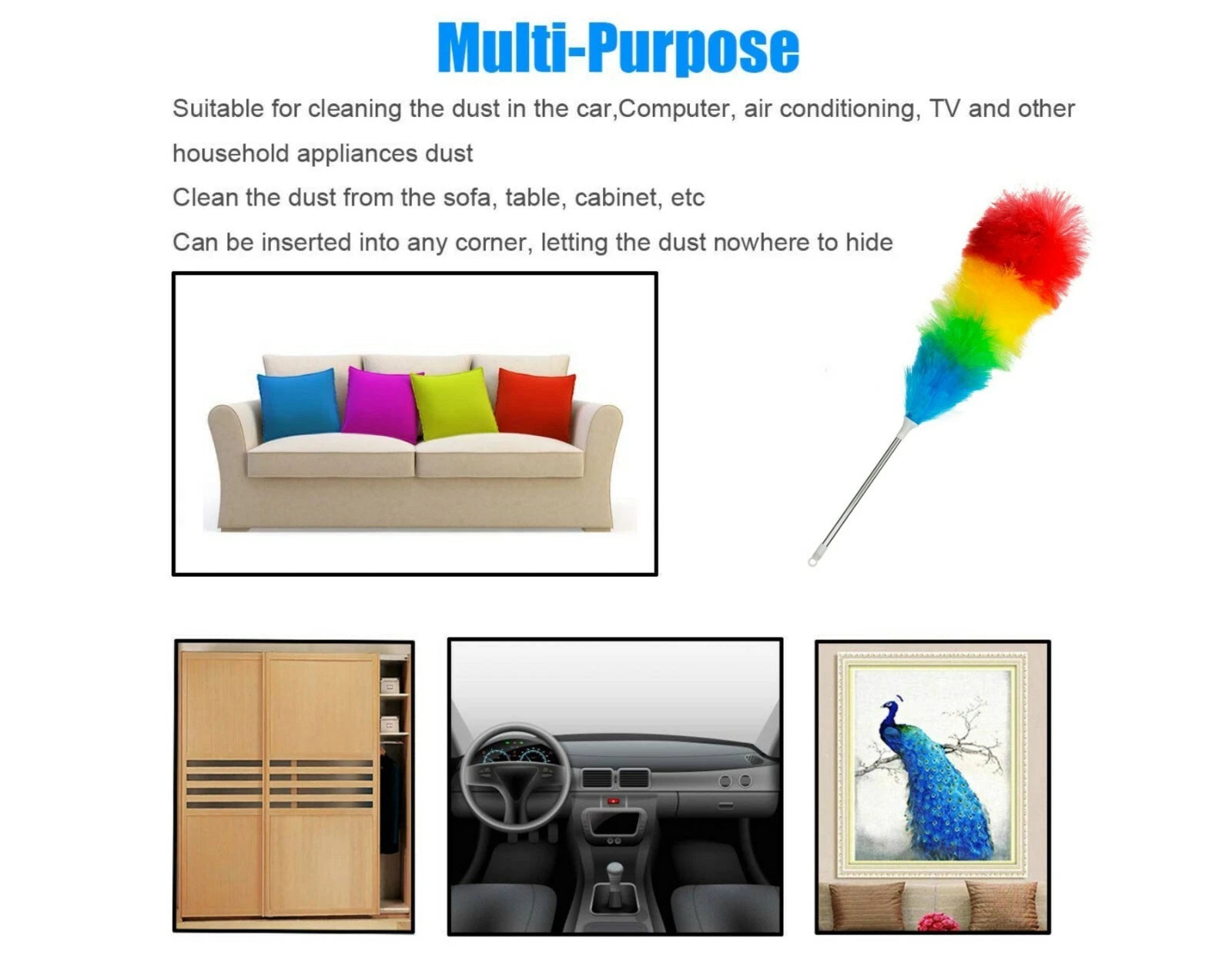 DLUX Anti-Static Duster Long Handle | 65cm Feather Cleaning Brush for Home & Office Dusting