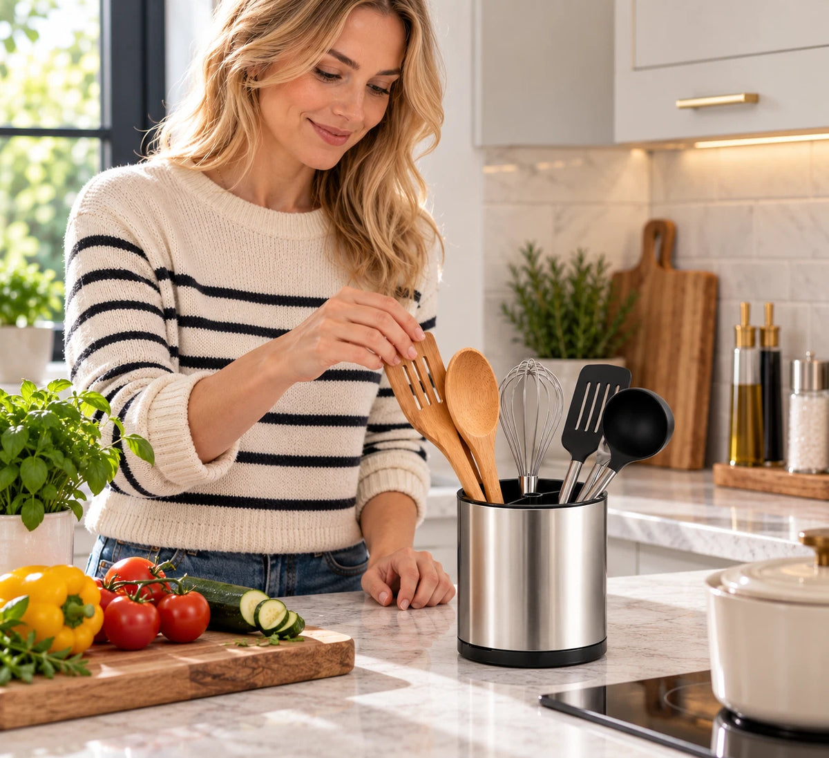 Stainless Steel Utensil Holder Rotating Kitchen Cutlery Holder Storage Organiser