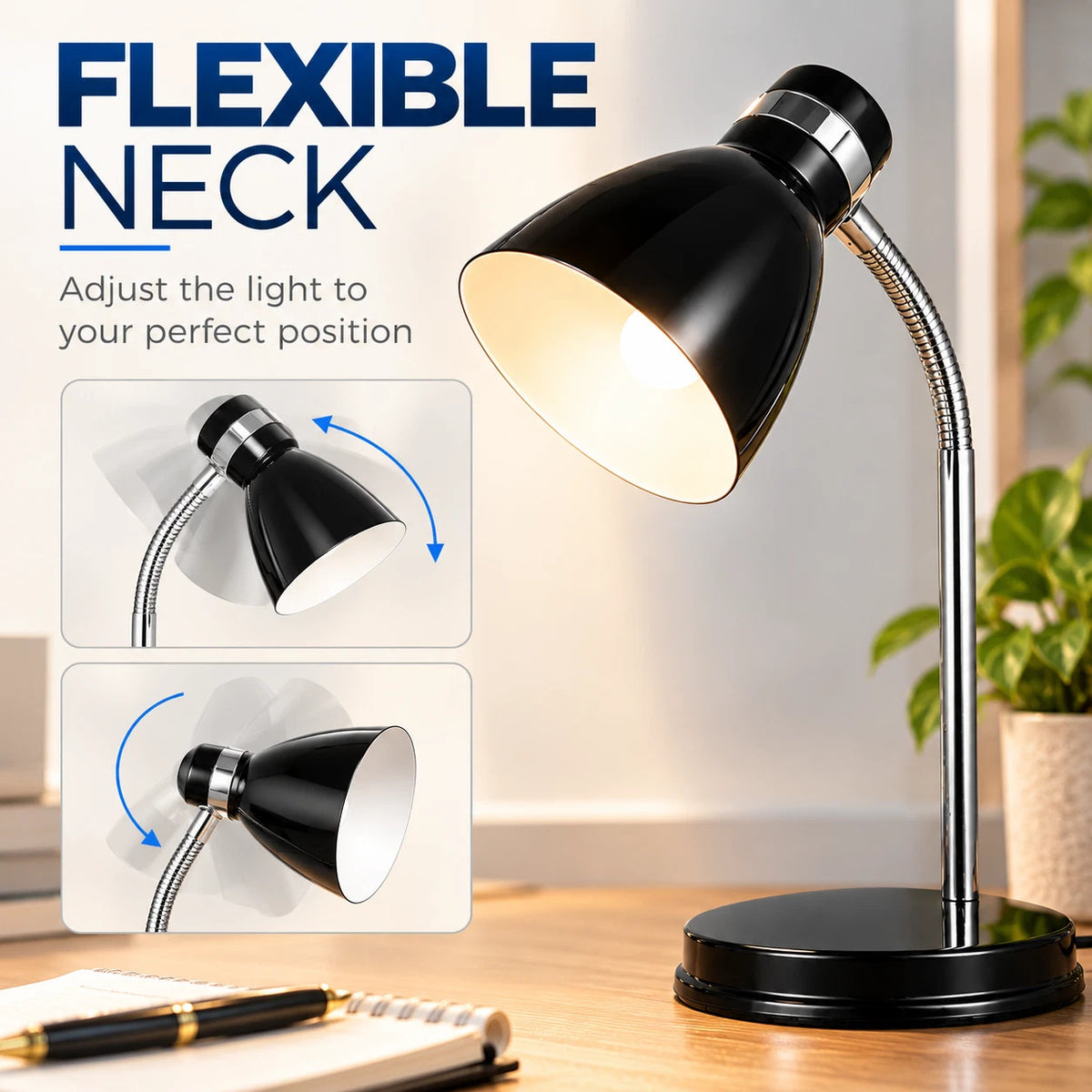 Metal Desk Lamp Black with Adjustable Flexi neck for Study & Reading Home Office