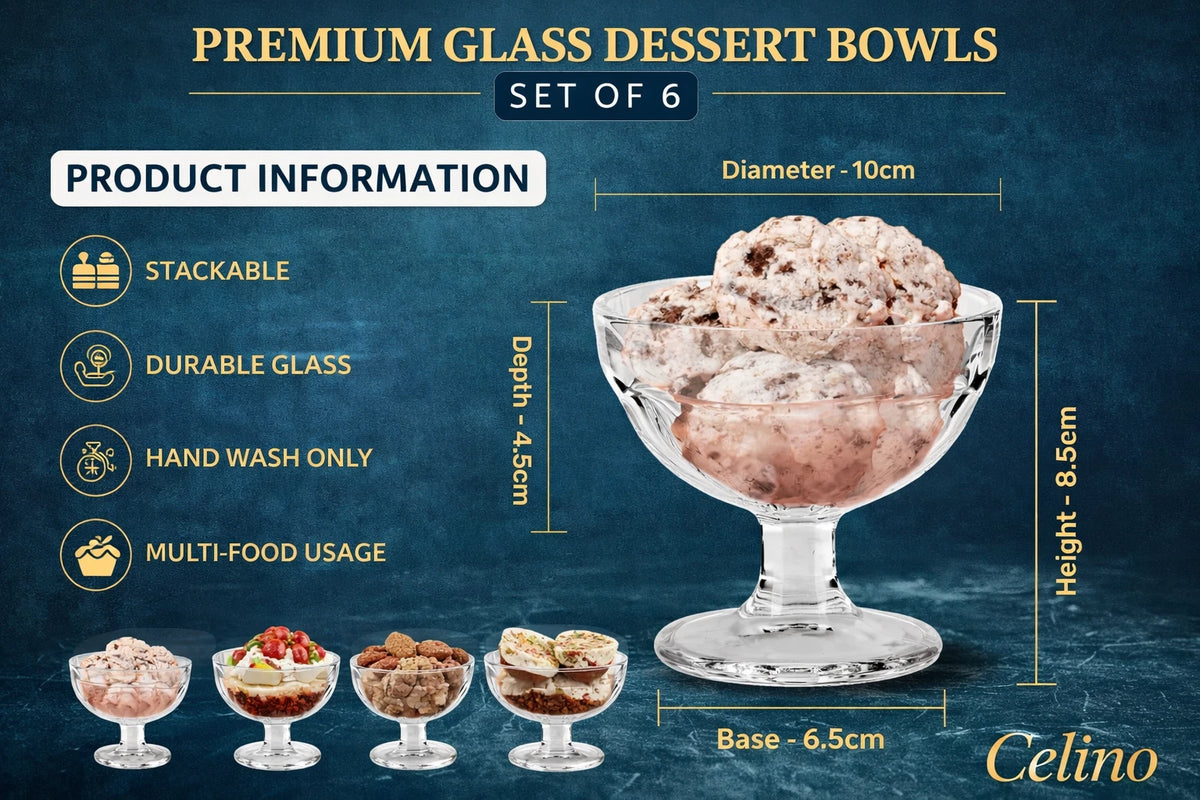 Set of 6 Dessert Bowls Ice Cream Sundae Glasses Stemmed Footed Trifle Pudding