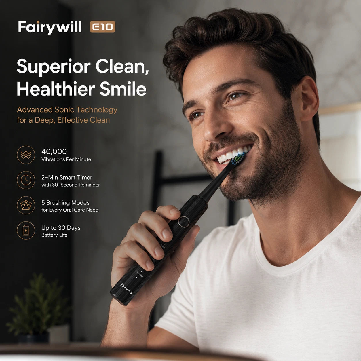 Fairywill E10 Electric Toothbrush Sonic USB Rechargeable 5 Modes 8 Heads Black