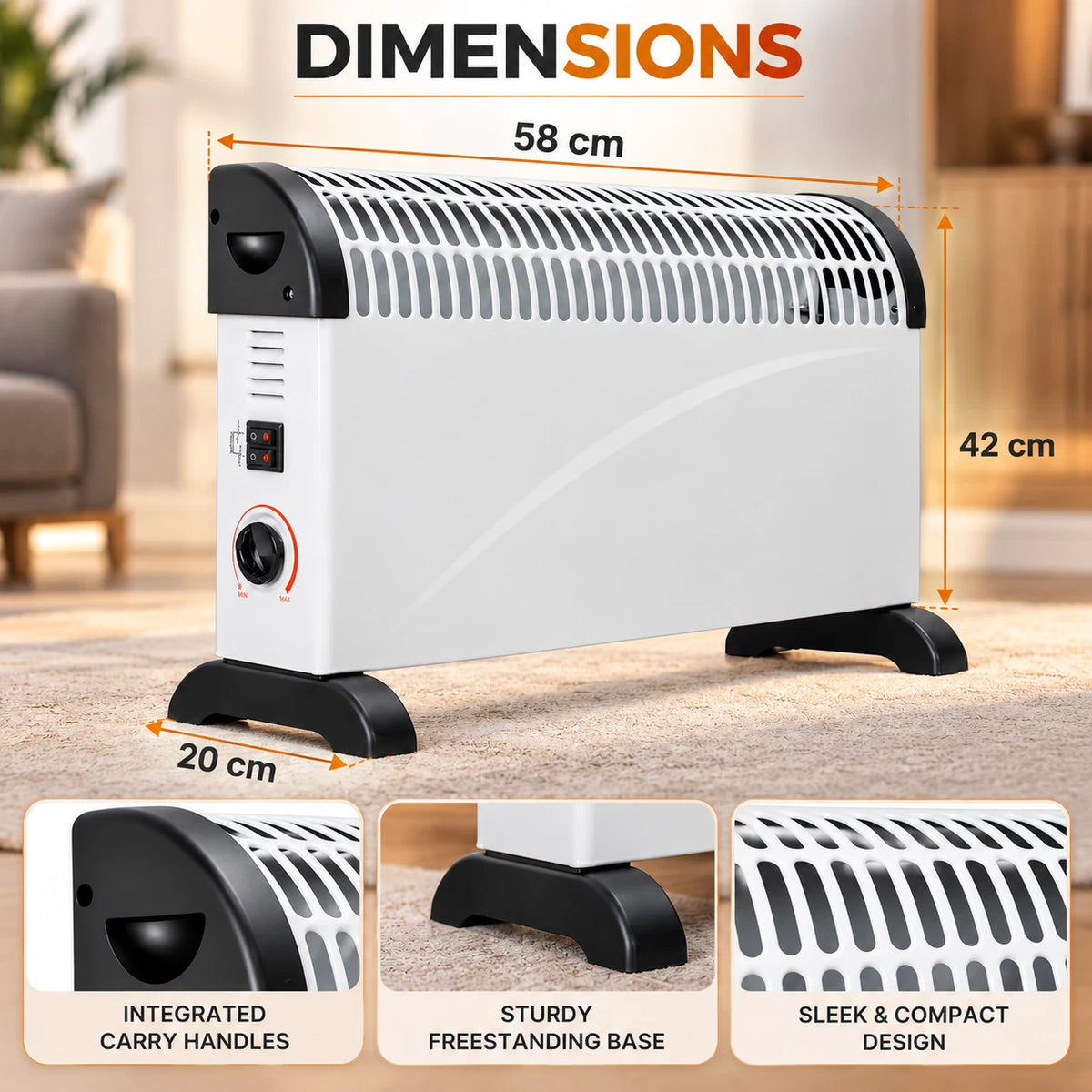 Electric Portable Convector Heater 3 Adjustable Heat 2000W For Home Office