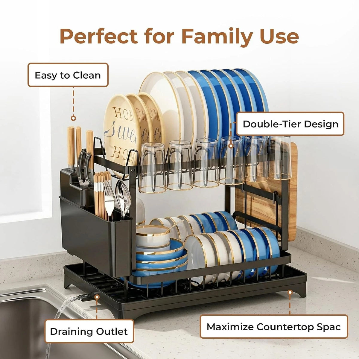 2 Tier Dish Drainer Rack Stainless Steel Drip Tray Space Saving Cutlery Holder