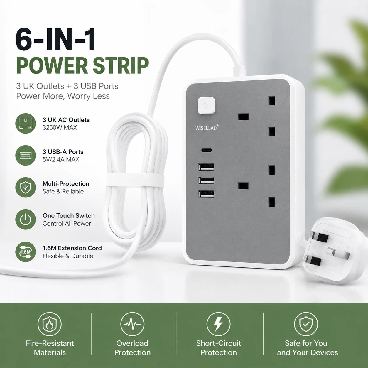 2 Gang Way Extension Lead with 4 USB 1.6M Power Cable Power Strip UK Plug Socket