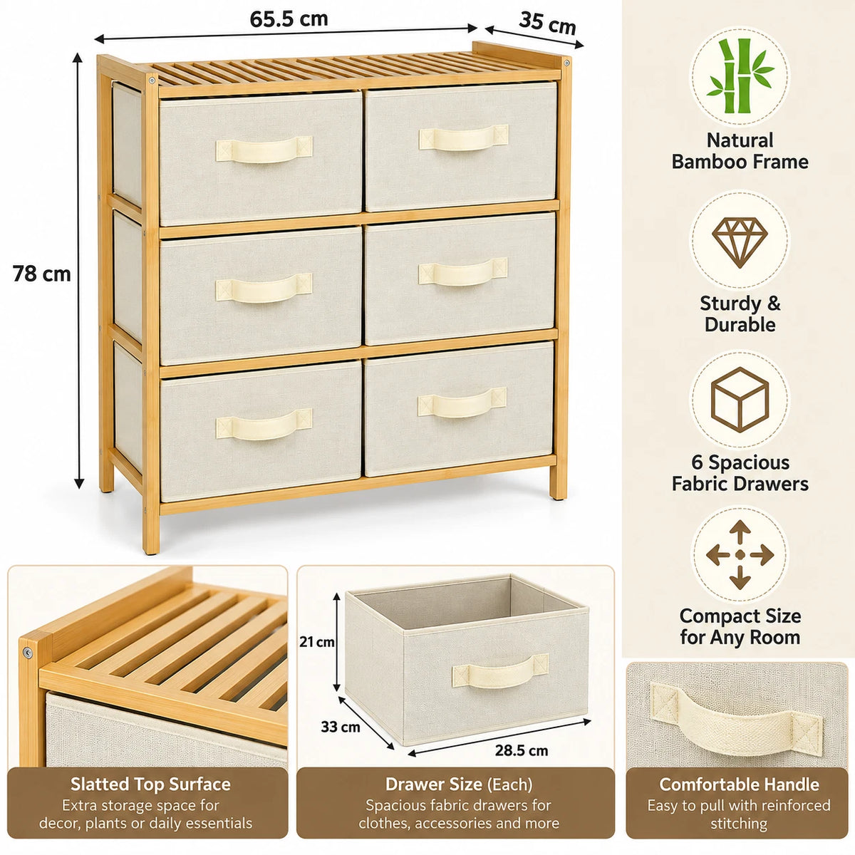 6 Chest of Drawers Fabric Bamboo Top Storage Unit Bedroom Dresser Living Room
