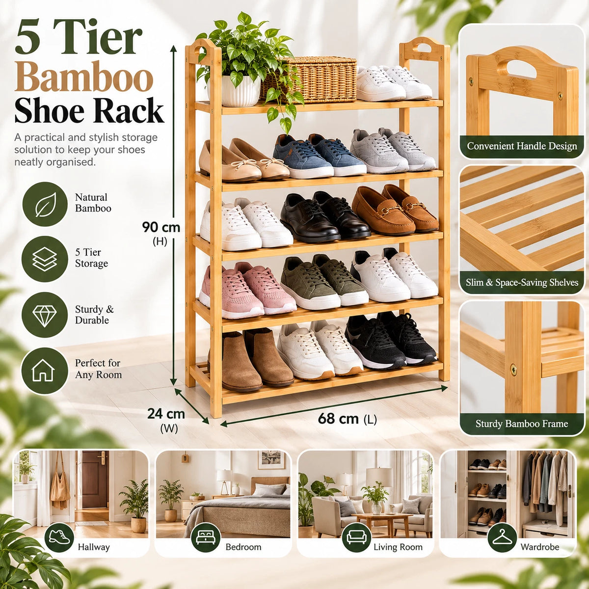 5 Tier Bamboo Shoe Rack Footwear Organiser Wooden Shelves Stroage Stand 15 Pairs