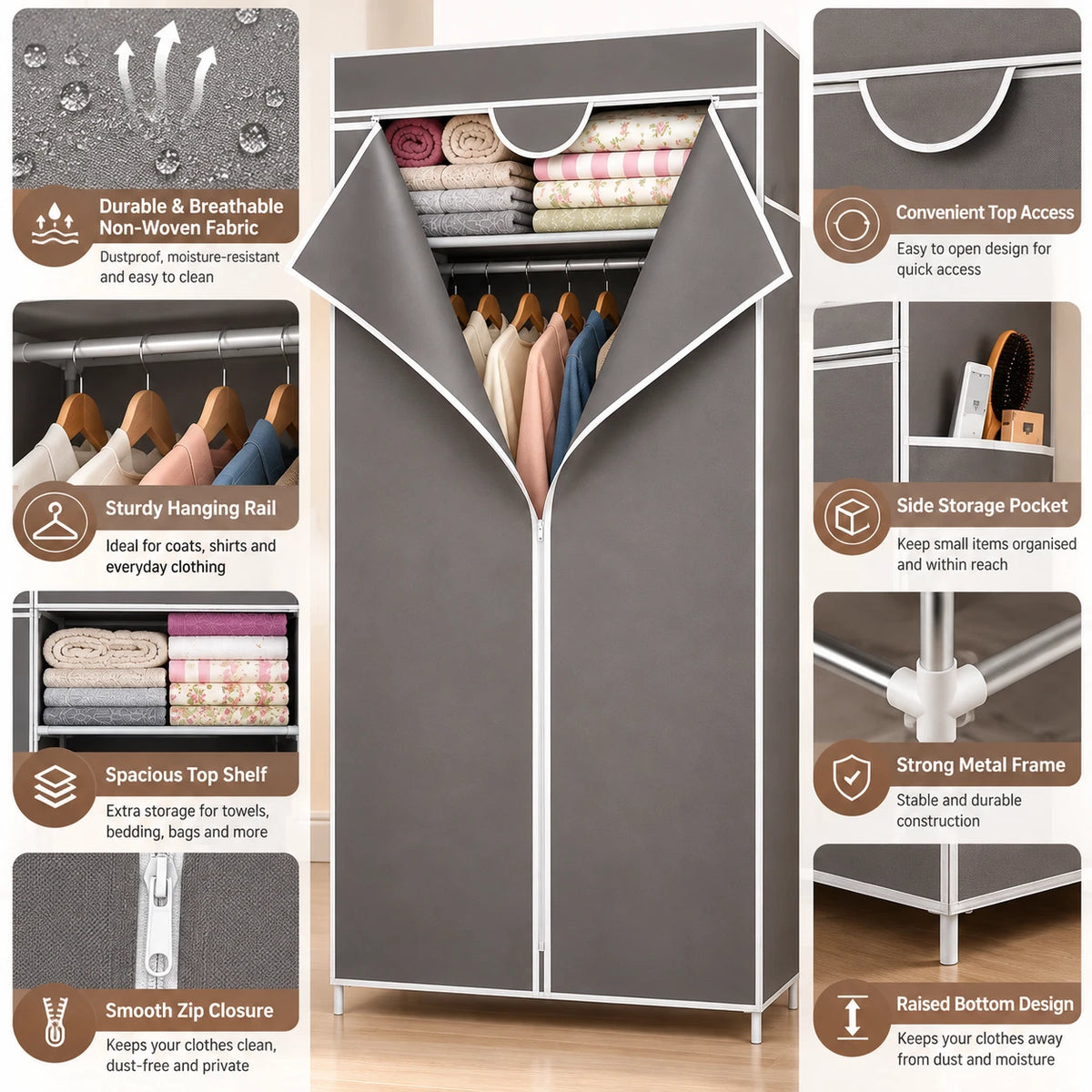 Portable Single Fabric Wardrobe Clothes Storage Closet Organiser Hanging Rail