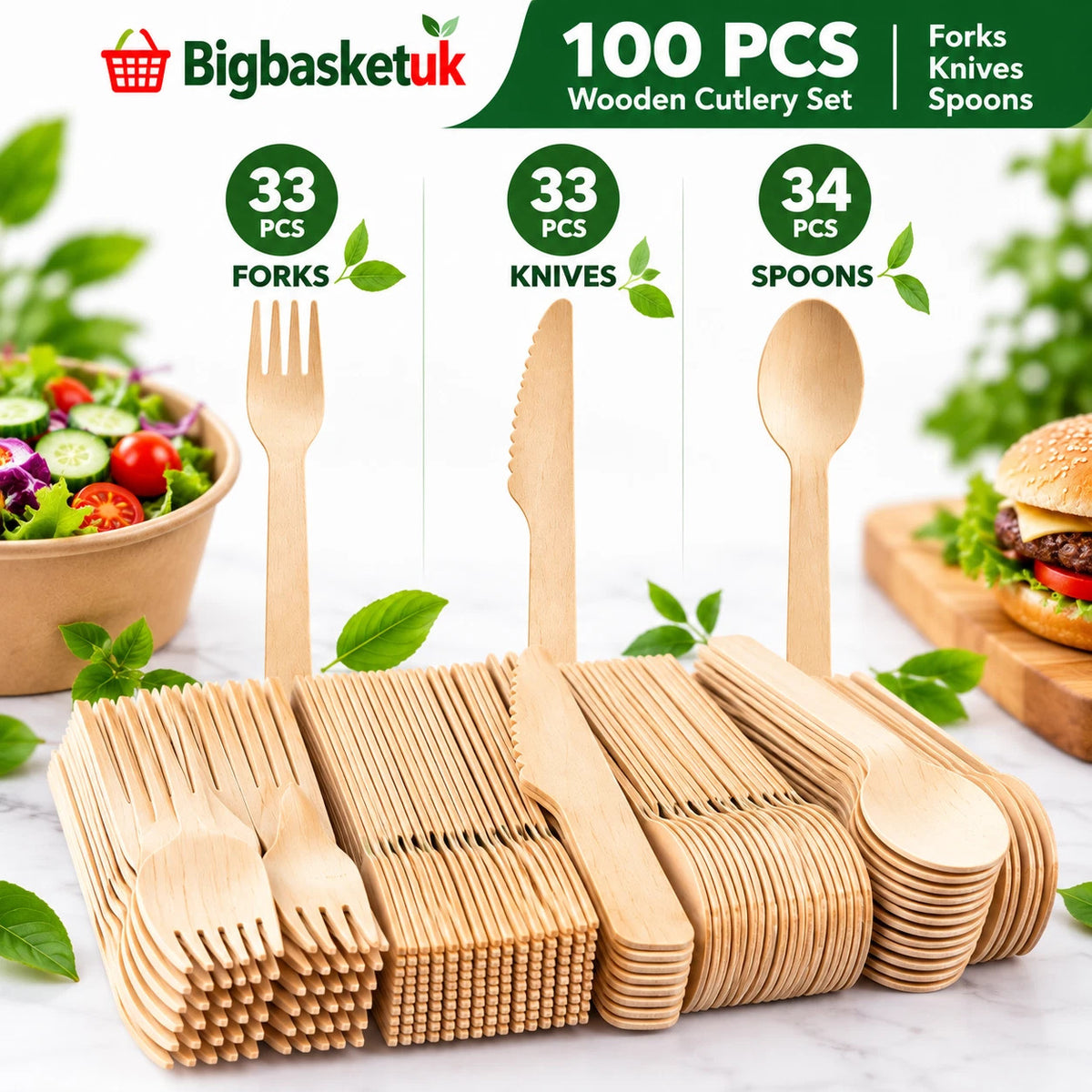 Wooden Cutlery Set 100pcs Disposable Biodegradable Party BBQ Forks Spoons Knives