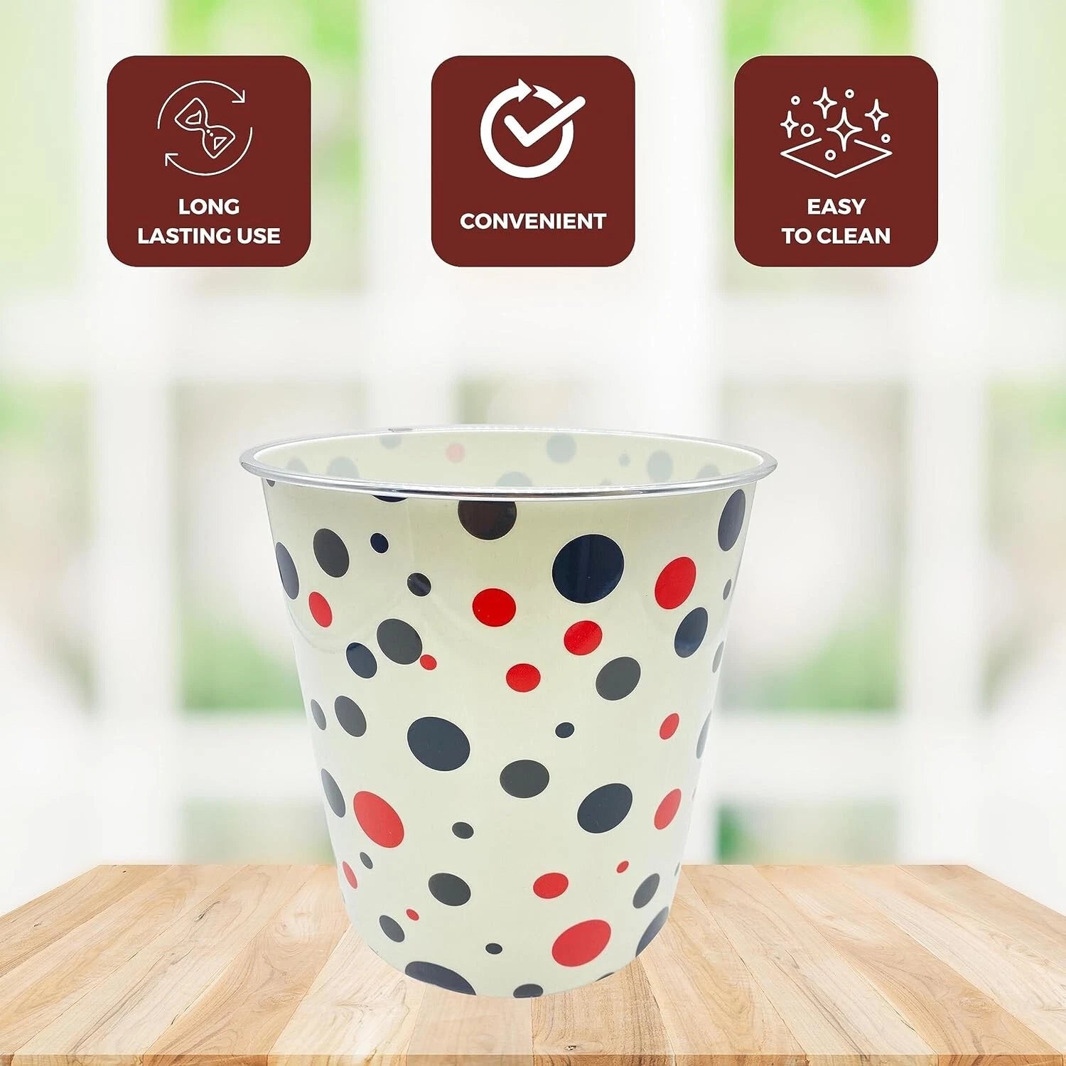 Share 7.7L Waste Paper Dust Bin Round Plastic Polka Dots Black & Red Room Office Home