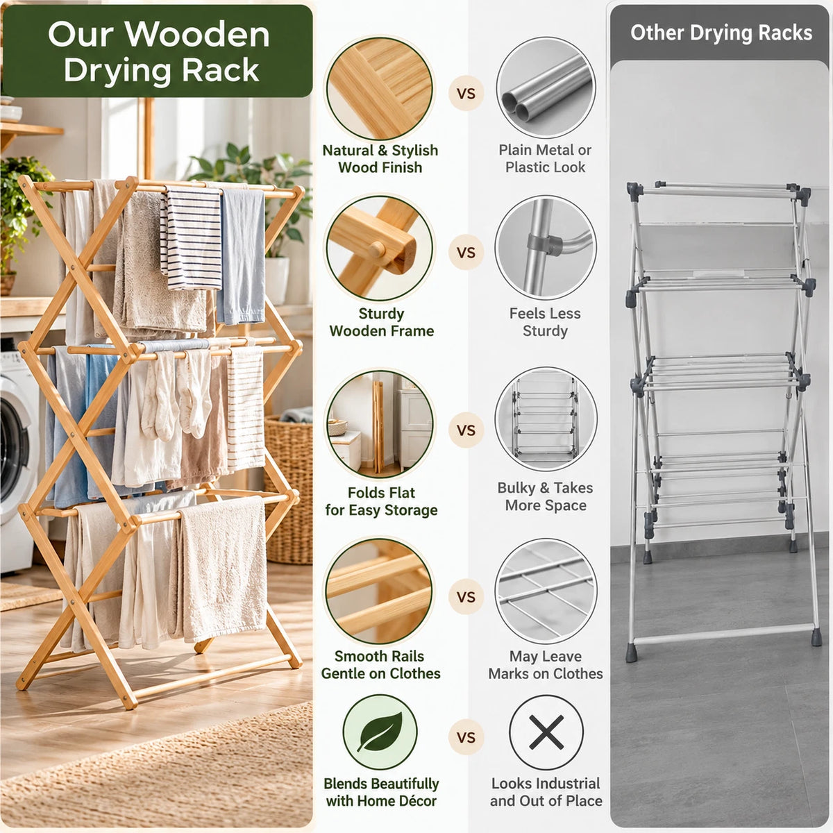 3 Tier Bamboo Clothes Dryer Airer Foldable Laundry Rack Washing Drying Horse