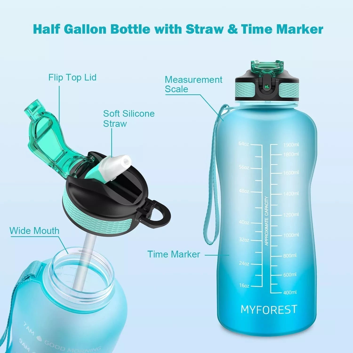 2L Water Bottle with Straw – Leakproof BPA-Free Gym & Sports Bottle with Time Markings