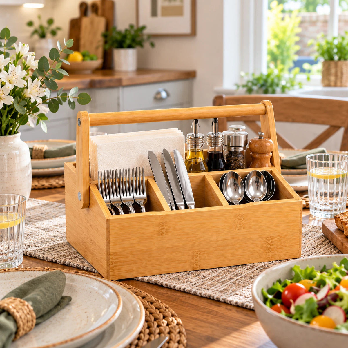 Bamboo Utensil Cutlery & Condiments Holder Kitchen Storage 4 Compartments Handle