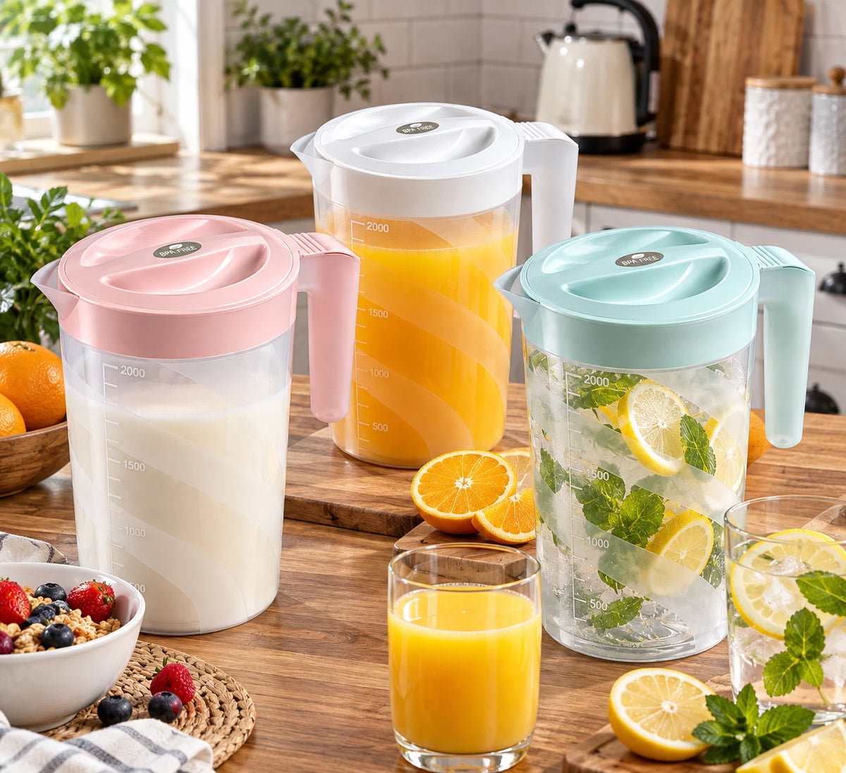 2 Litre Plastic Jug with Lid Pitcher Water Cocktail Juice Drinks Measuring Jugs