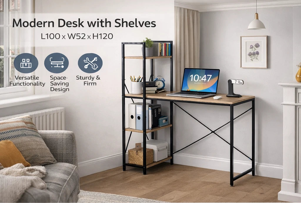 Computer Desk with 4-Tier Storage Shelves – Home Office Study Writing Workstation with Bookshelf Design