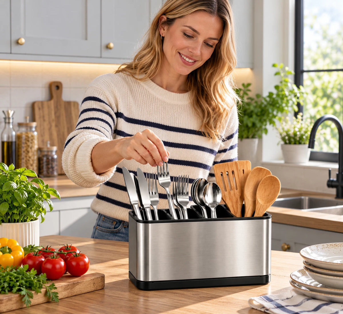 Stainless Steel Utensil Holder with 4 Compartments Draining Base Kitchen Storage