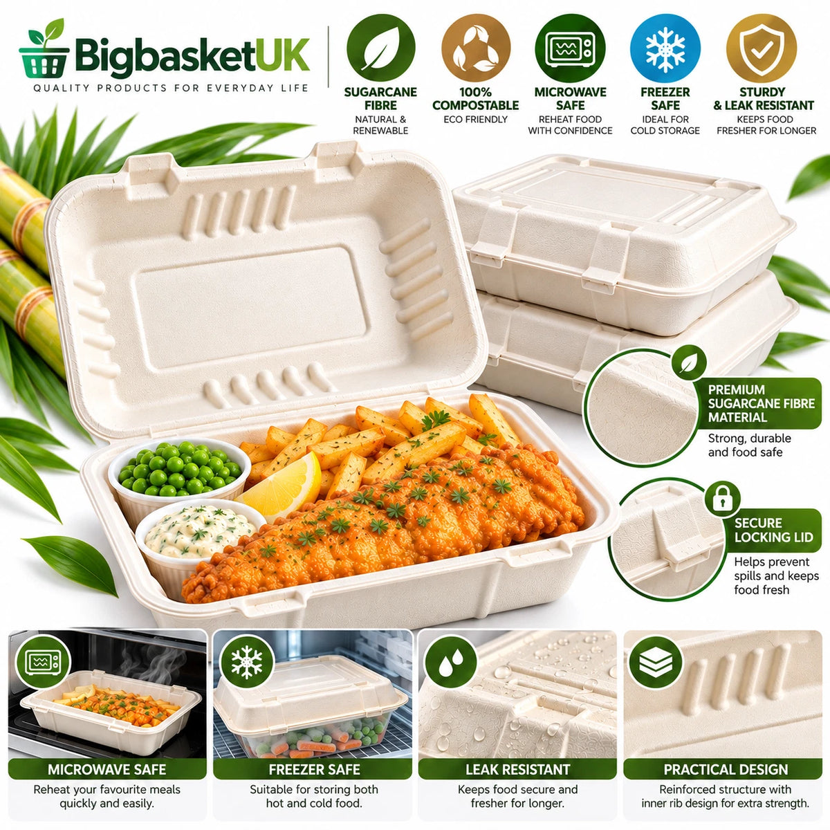 Clamshell Bagasse Takeaway Food Containers Meal Boxes 9x6 inch Eco Friendly