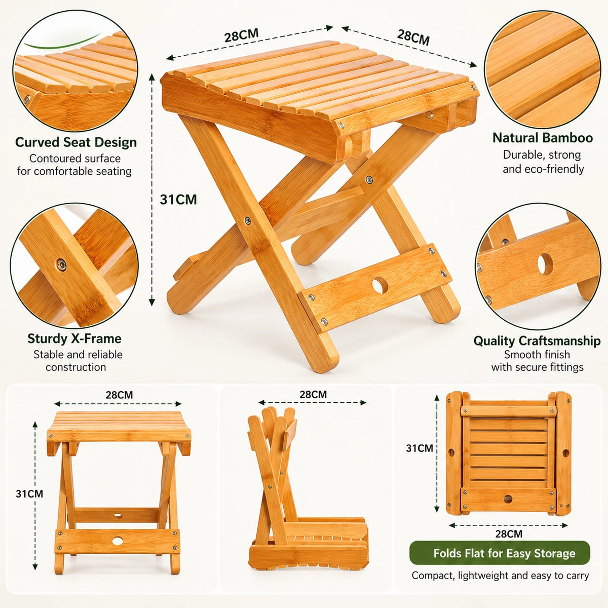 Bamboo Shower Stool Portable Bath Shower Seat Folding Chair Camping Beach Travel