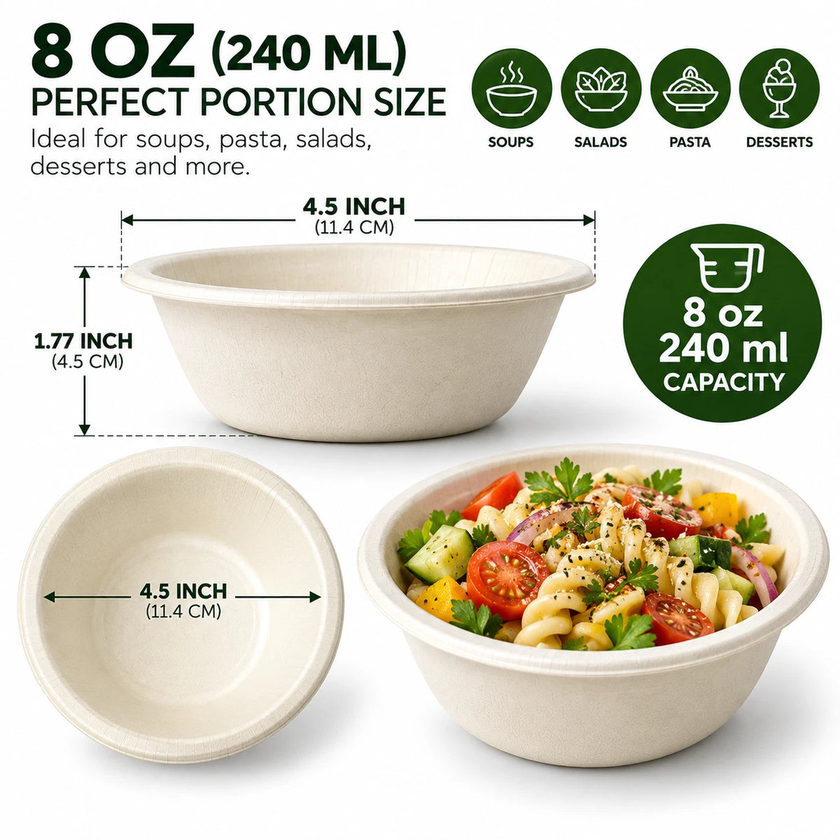 Bagasse Paper Bowls 8oz 240ml Disposable Dessert Party Catering Compostable