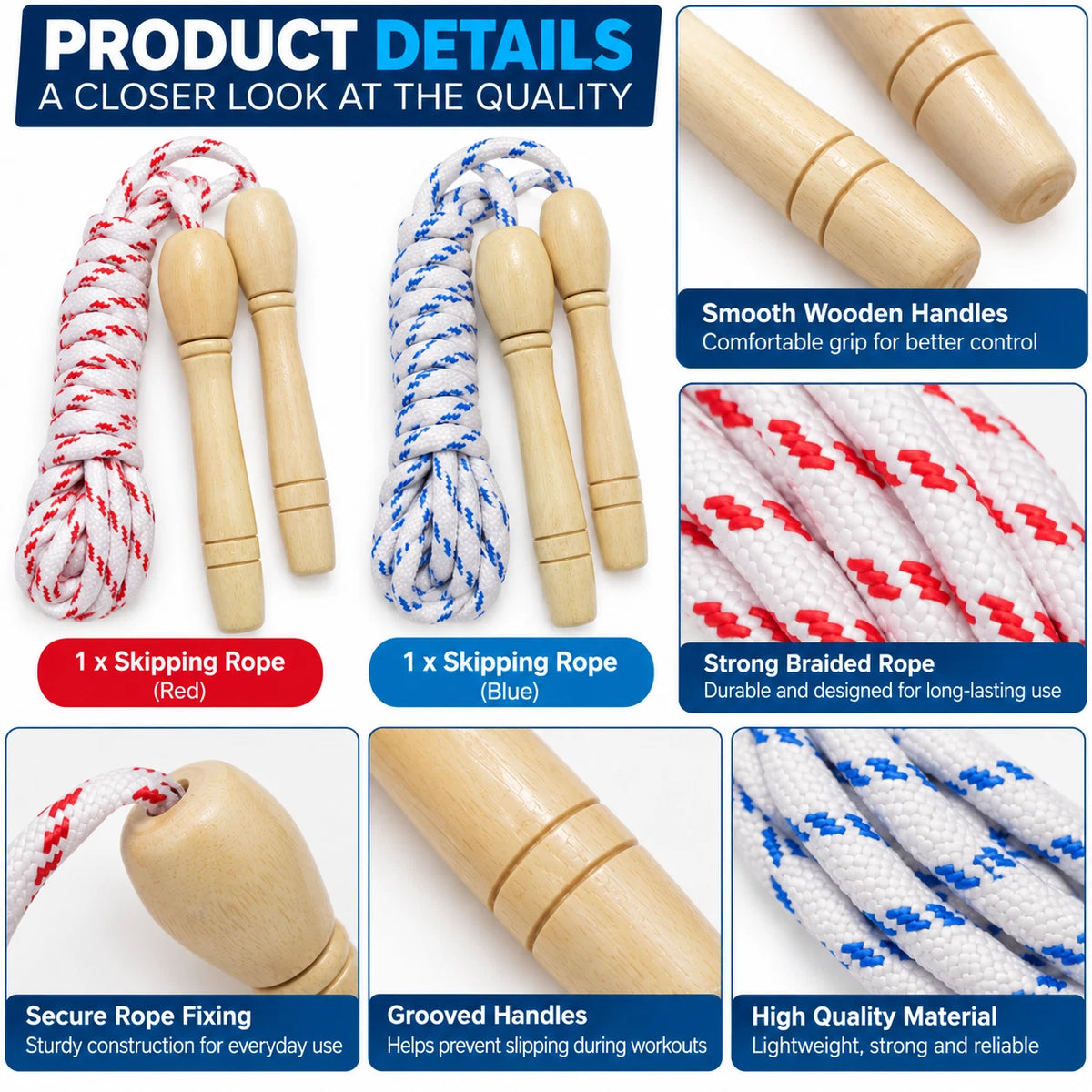 2 x Skipping Rope Wooden Handle Jumping Speed Gym Activity Kids Adults Fitness