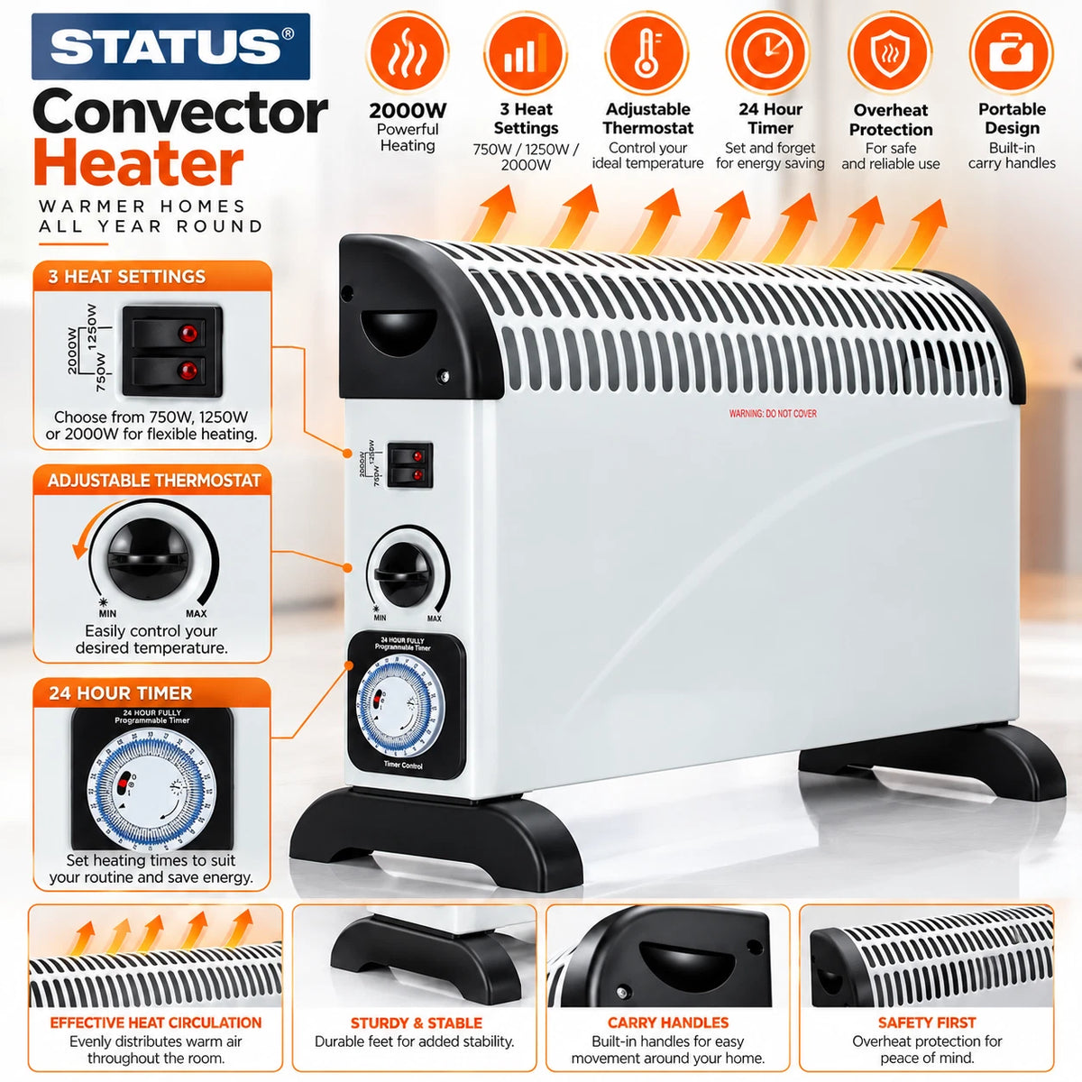 2000W Electric Convector Heater with 3 Heat Settings Timer & Thermostat 2kw