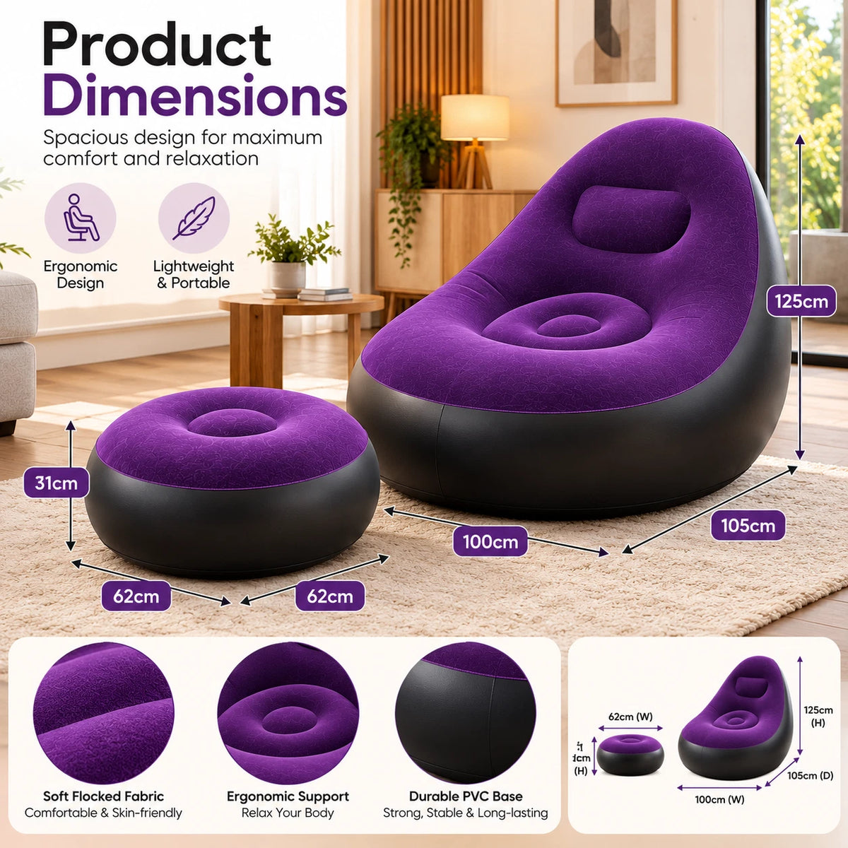 Inflatable Lounger Ottoman Couch With Foot Stool Air Blow Up Sofa Chair Camping