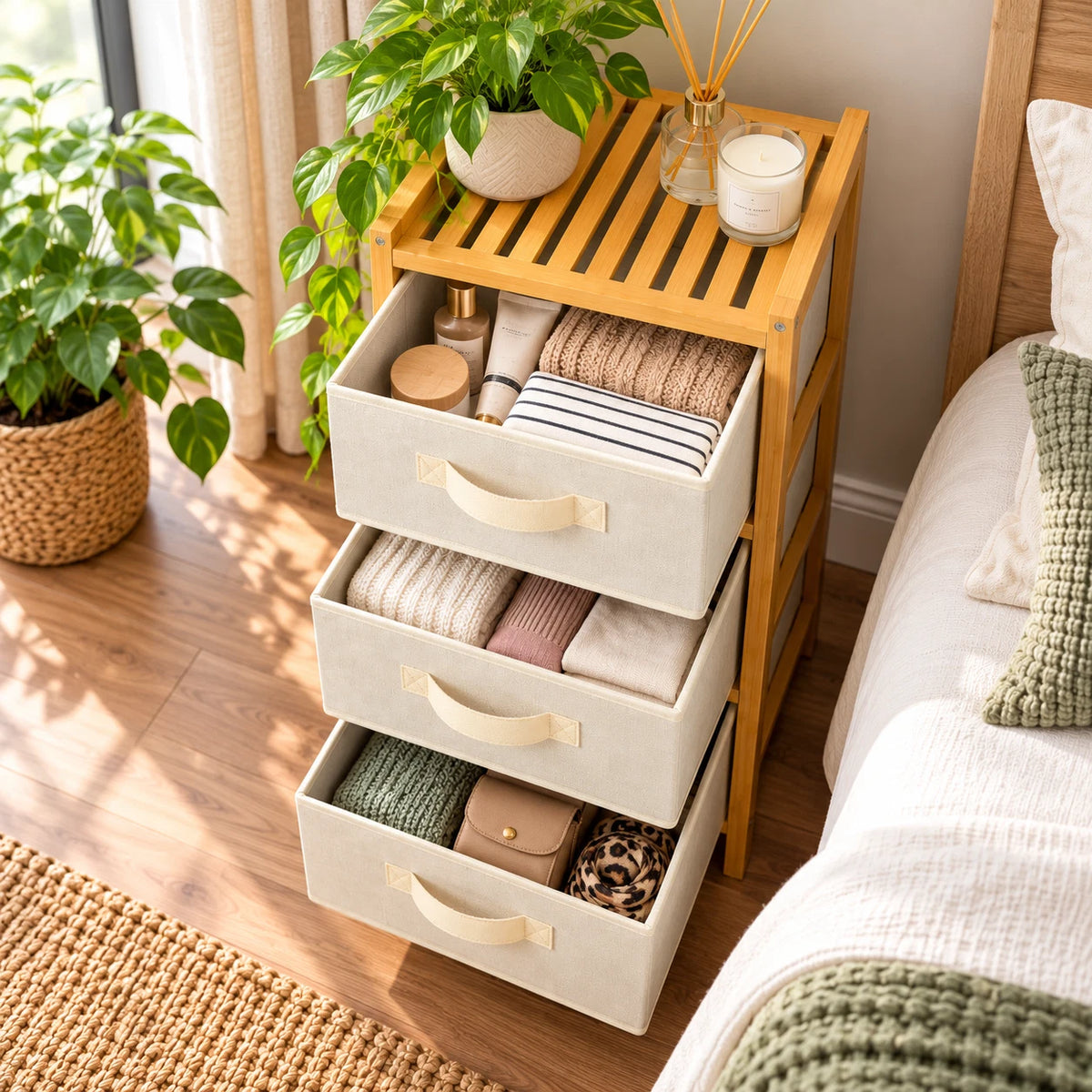 Bamboo 3 Chest of Drawers Fabric Bedroom Bedside Organiser Dresser Storage Unit