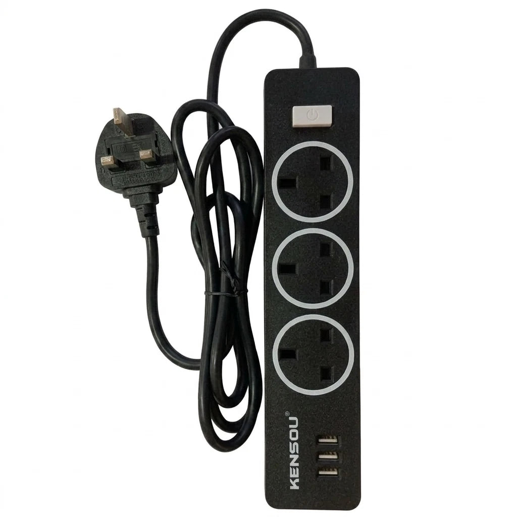 3 Way Extension Lead Surge Protected Power Strip 3 USB Ports UK Plug 1.6M Cable