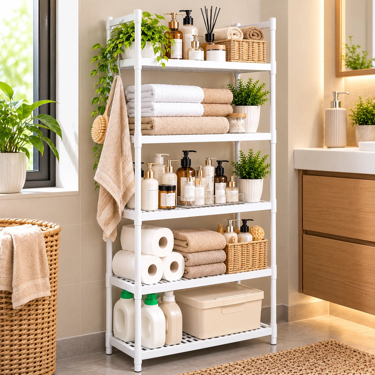 5 Tier Plastic Shelving Kitchen Storage Unit Shelves Racking Bathroom Organiser
