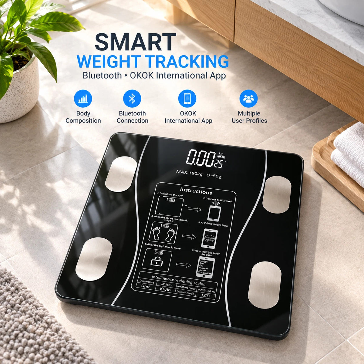 Celino Smart Bathroom Scales Bluetooth Body Fat BMI Digital Weighing Scale 180kg