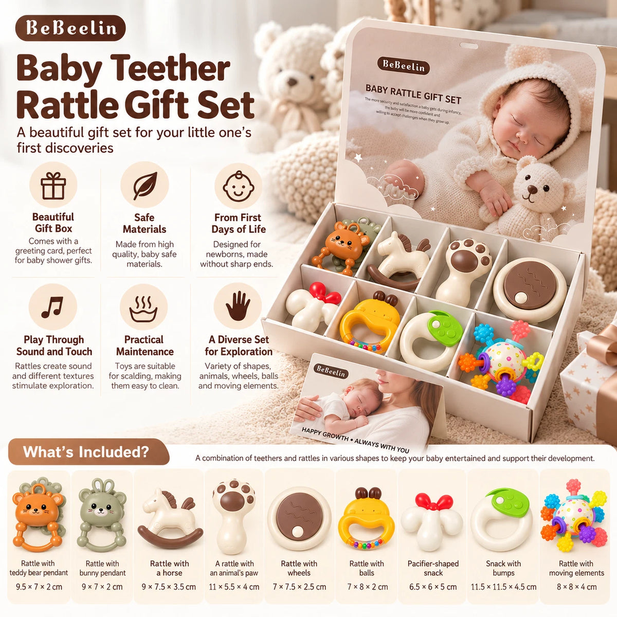 9pc Baby Rattles and Teether Gift Set For Newborn Sensory Activity Play Toy XMAS