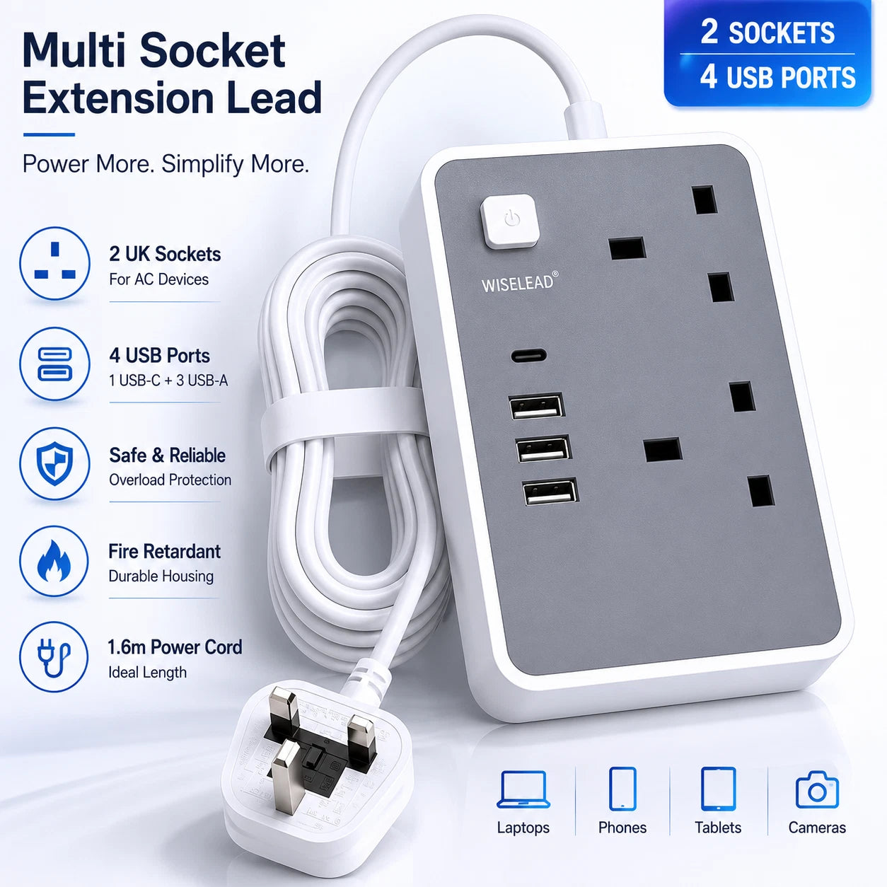 2 Gang Way Extension Lead with 4 USB 1.6M Power Cable Power Strip UK Plug Socket