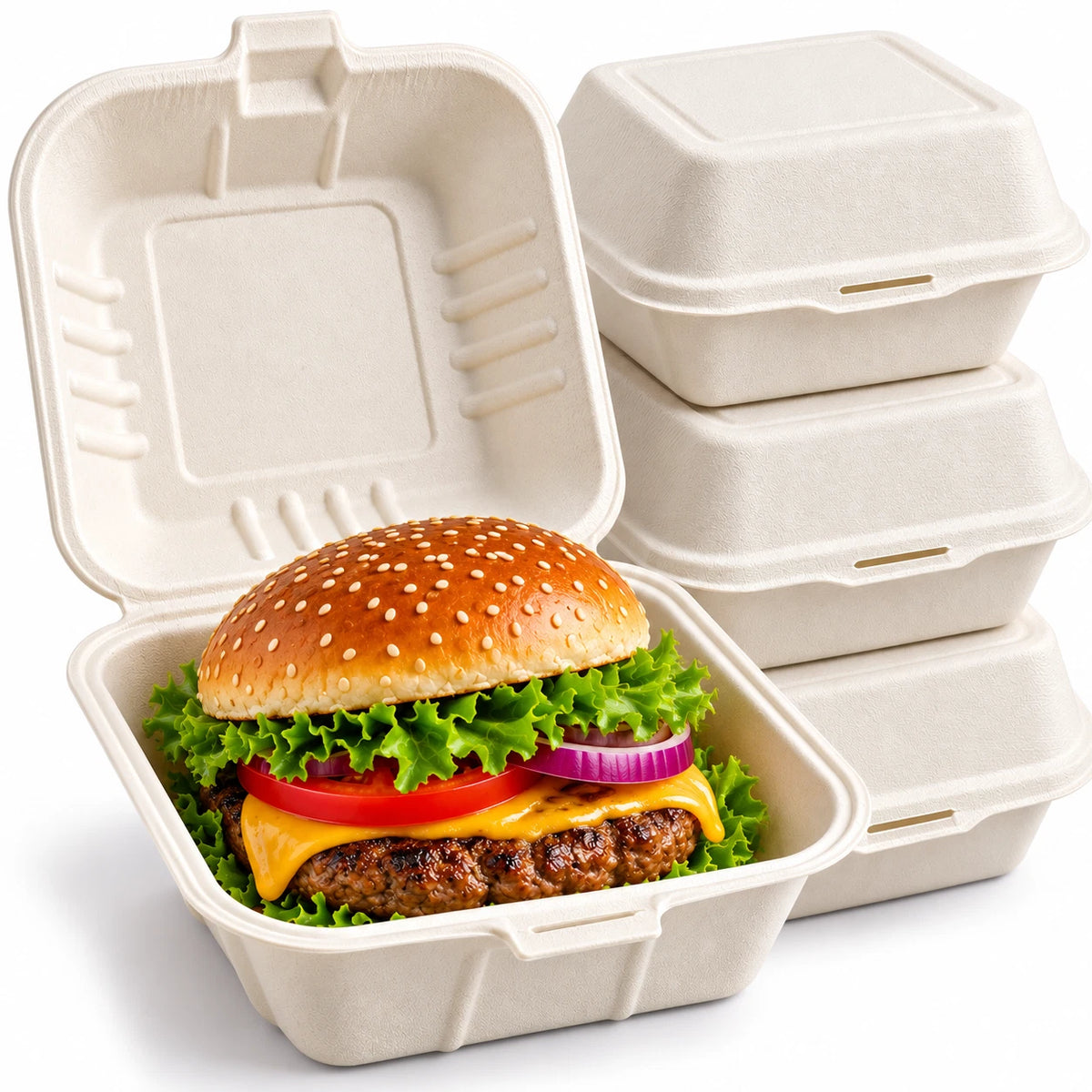 Bagasse Burger Box Food Containers Clamshell Takeaway Boxes 100% Compostable