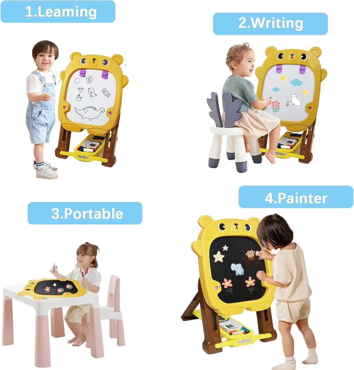 Kids Double Sided Easel Board | Writing, Drawing, Chalk & Doodle Standing Graffiti Art Board