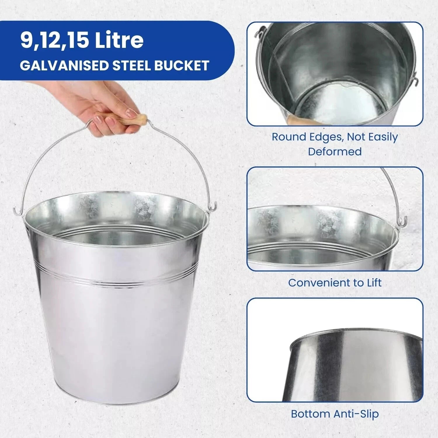 Traditional Metal Bucket With Handle Strong Galvanized Steel Heavy Duty Cleaning