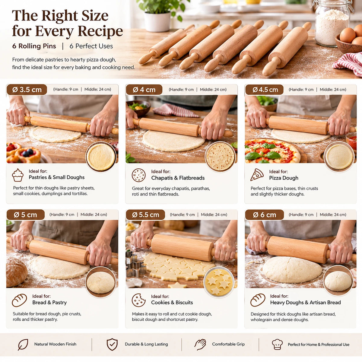 Professional Wooden Rolling Pin Pizza Baking Chapatti Roller Maker Pan Cake 42CM