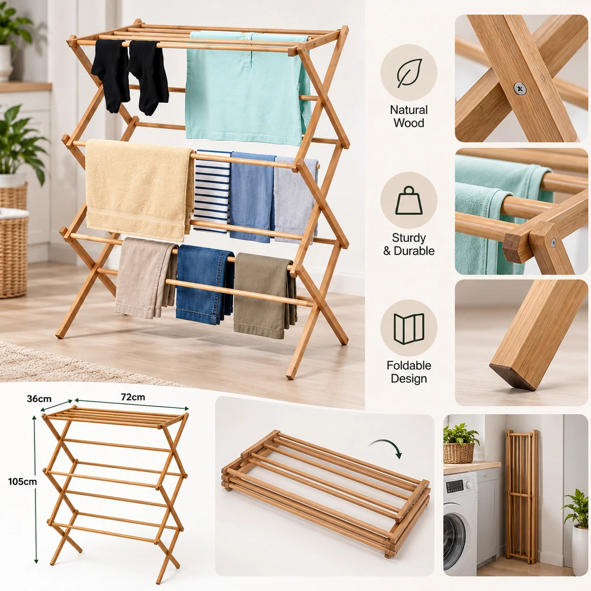 3 Tier Bamboo Clothes Dryer Airer Foldable Laundry Rack Washing Drying Horse