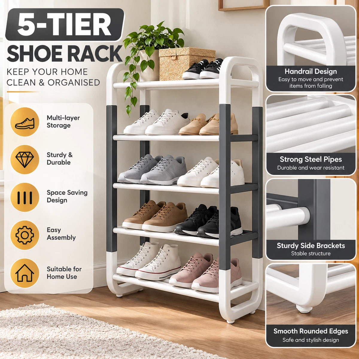 5 Tier Shoe Rack Footwear Organiser Stand Plastic Storage Shelves Hallway Tidy
