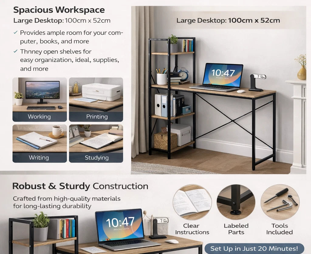 Computer Desk with 4-Tier Storage Shelves – Home Office Study Writing Workstation with Bookshelf Design