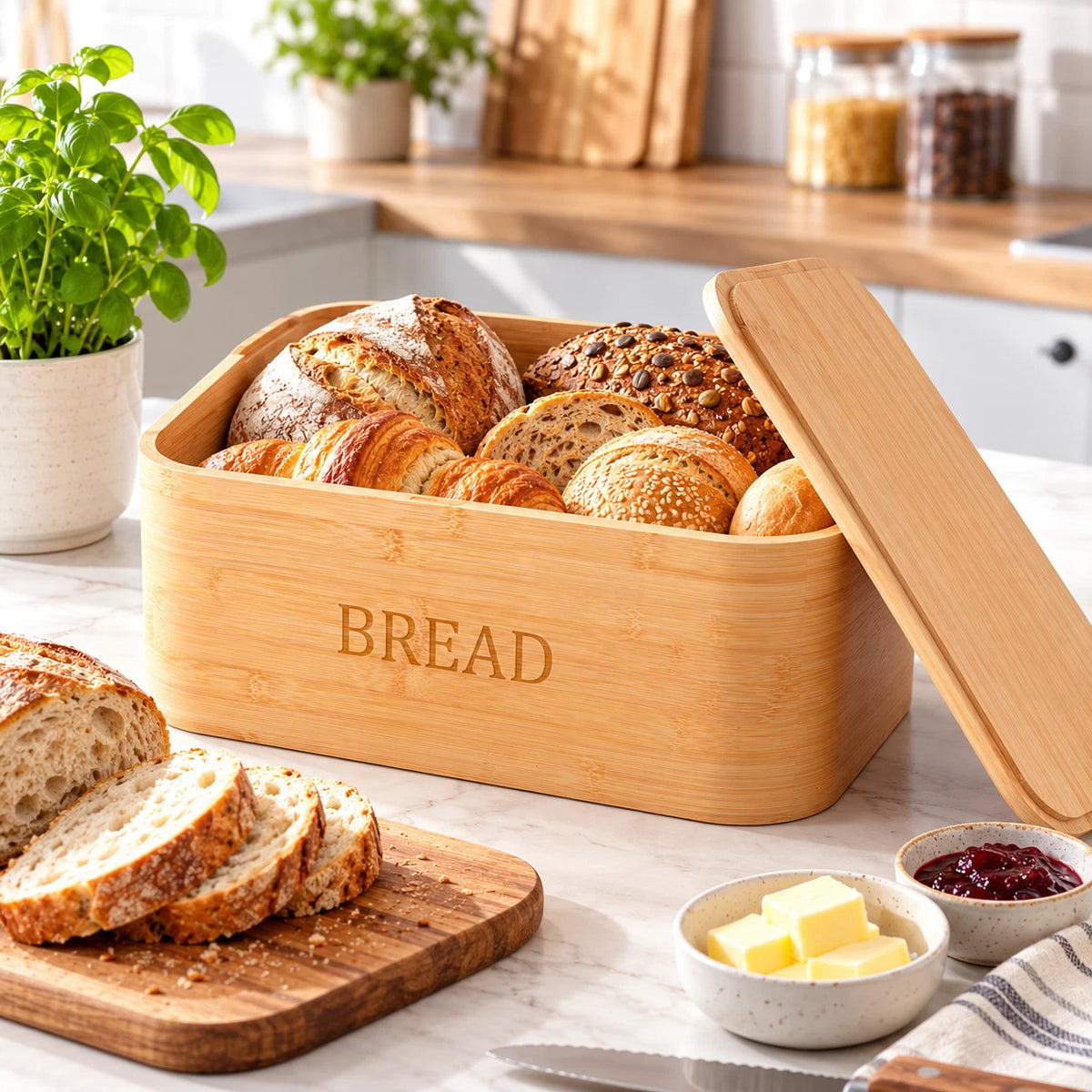 Bamboo Bread Bin with Chopping Board Lid Bread Box Kitchen Food Storage Counter