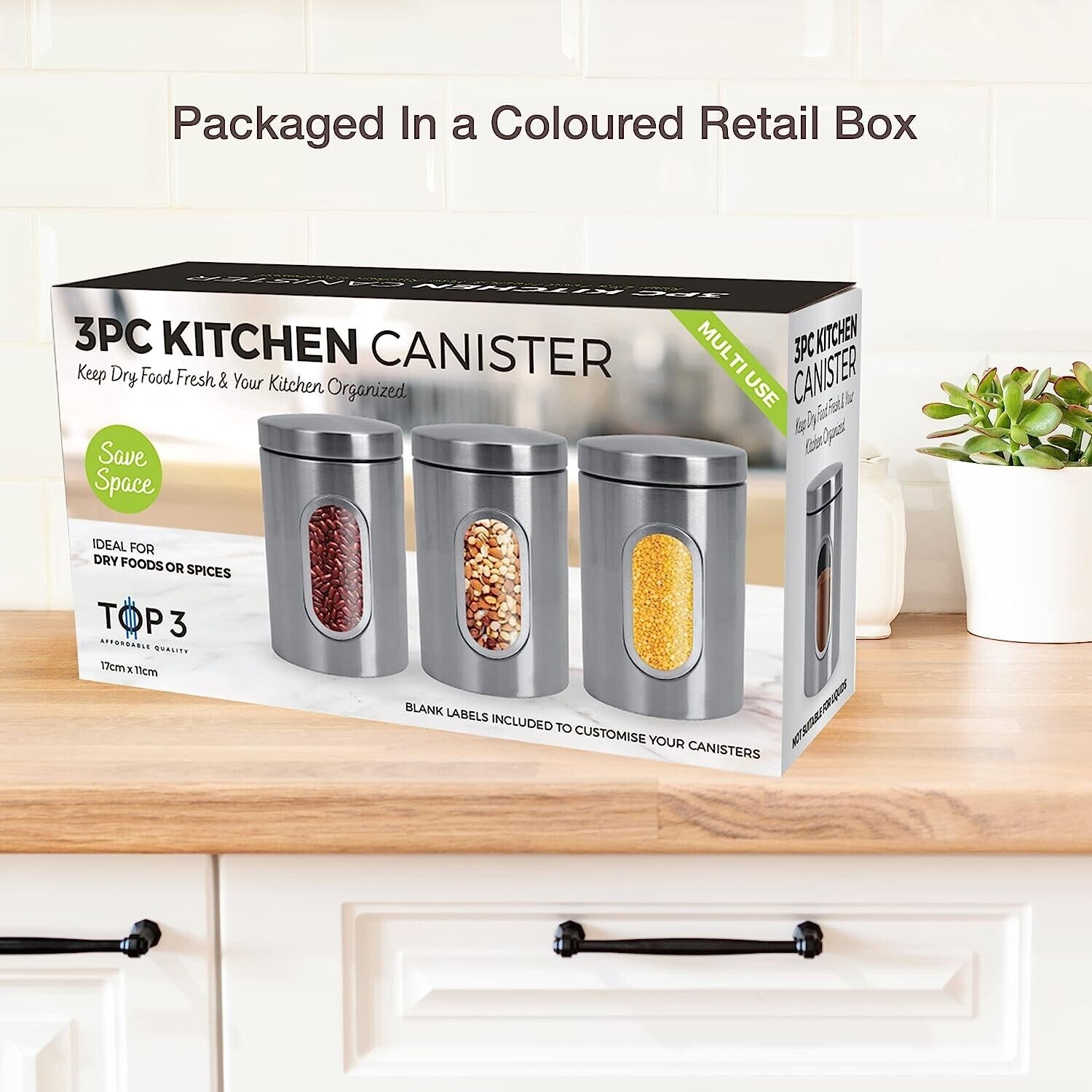 Set of 3 Tea Coffee Sugar Canisters – Kitchen Storage Jars & Containers for Countertop Organisation