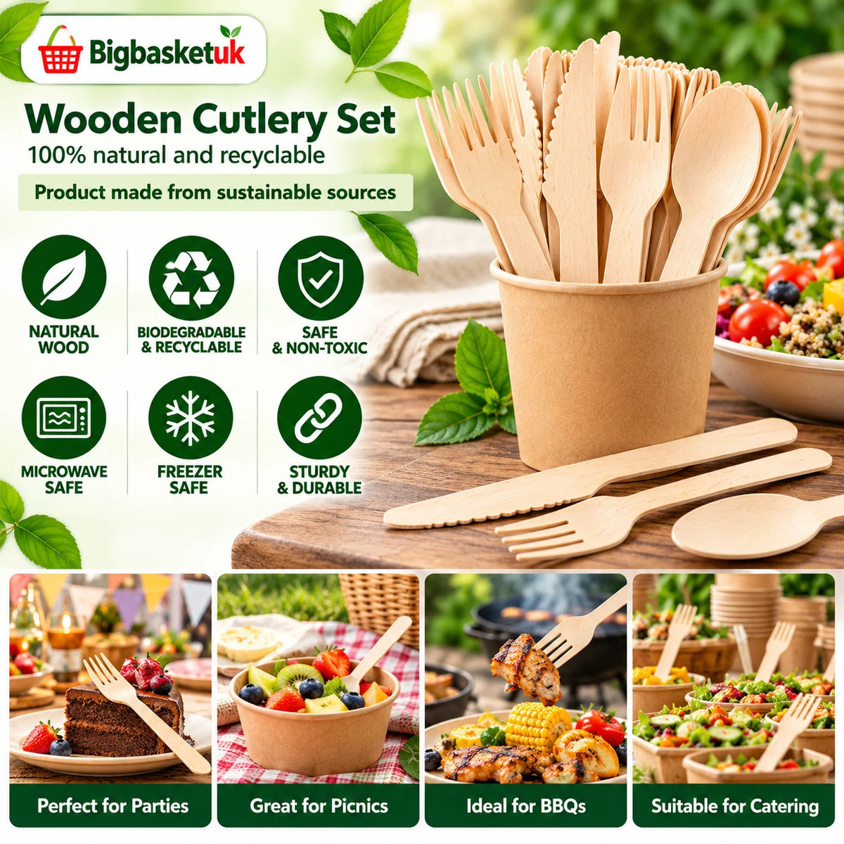 Wooden Cutlery Set 100pcs Disposable Biodegradable Party BBQ Forks Spoons Knives